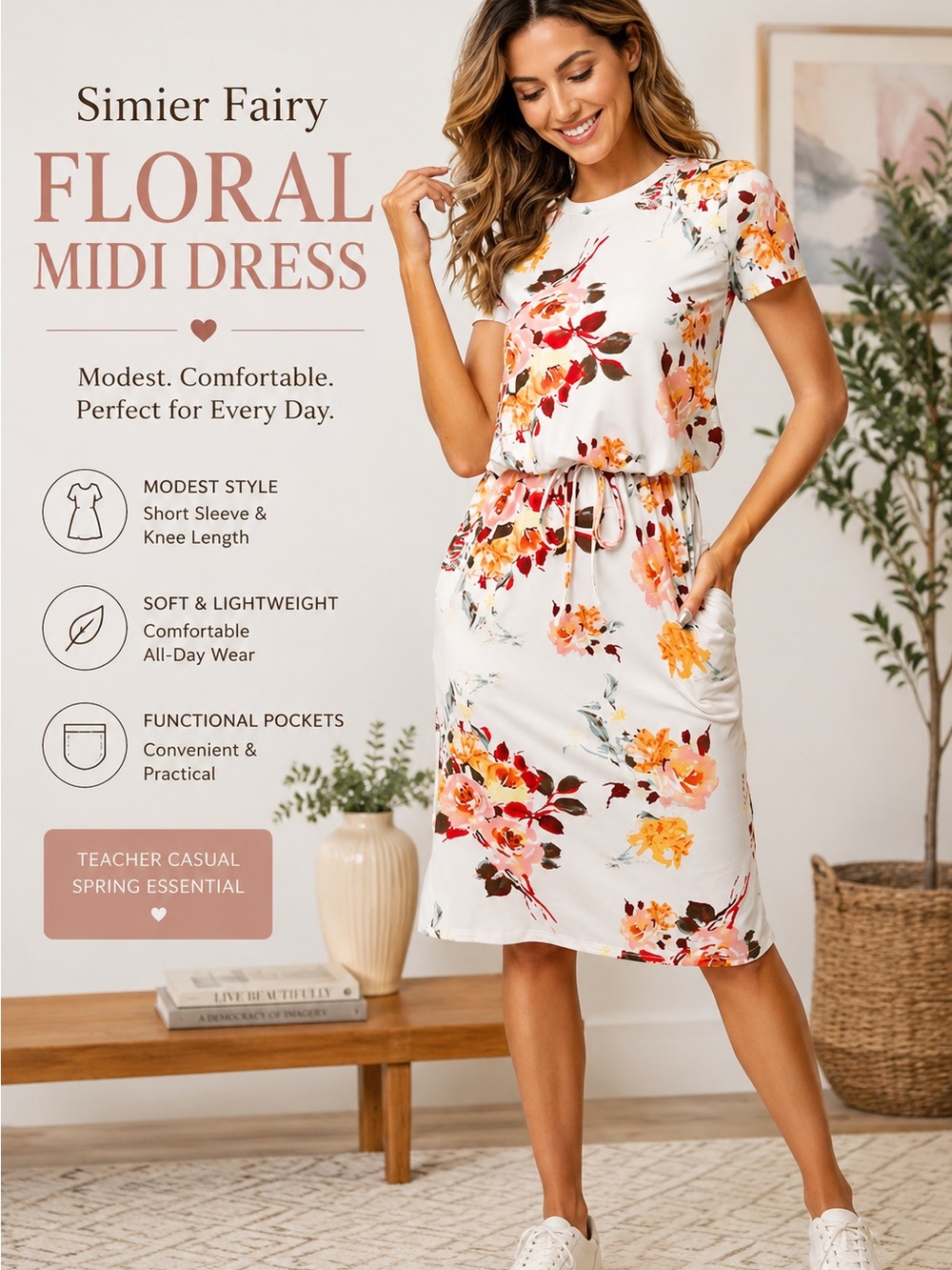 Simier Fariry Floral Midi Dress Women’s S White Orange Short Sleeve